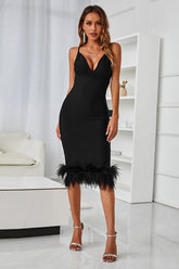 Black Homecoming Dress Midi Bodycon Party Dress with Feathers
